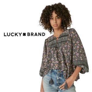Lucky Brand Lace‑Up Border Print Peasant Blouse – Floral Boho Top, Size Small